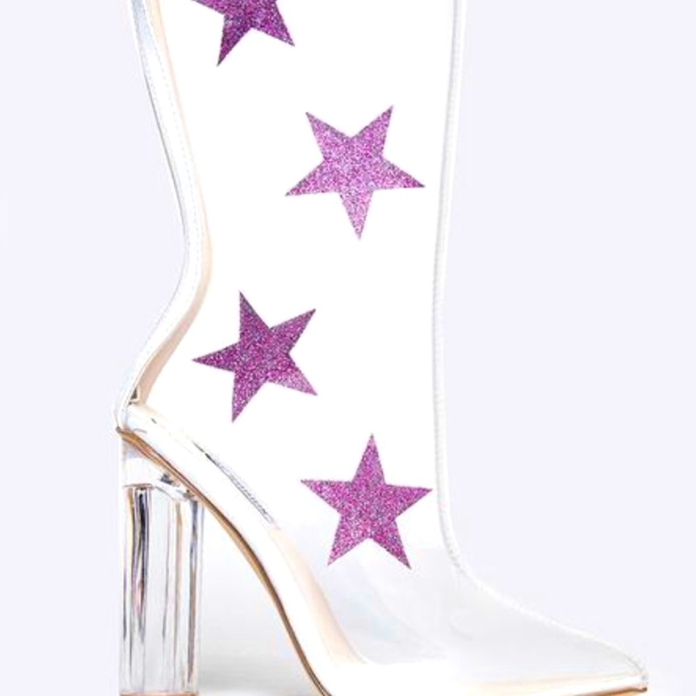 Cape Robbin Lucite Clear Bootie with Chunky Block Heel & Pink Stars - Size 7.5